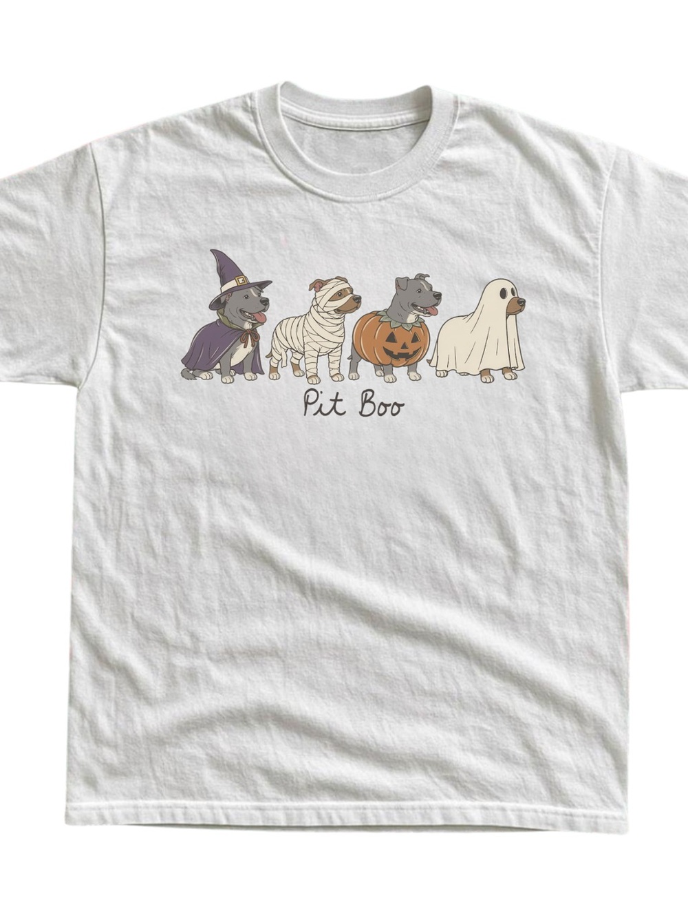 Gildan White Tee with Pit Boo Halloween Pit Bull Cartoon